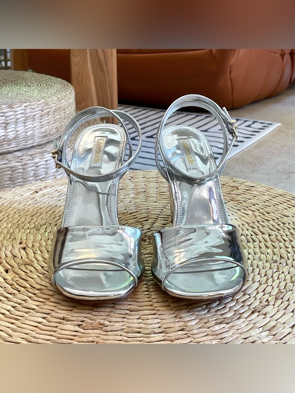 Larroude Metallic Silver Ankle-Strap Women's Wedge Sandals